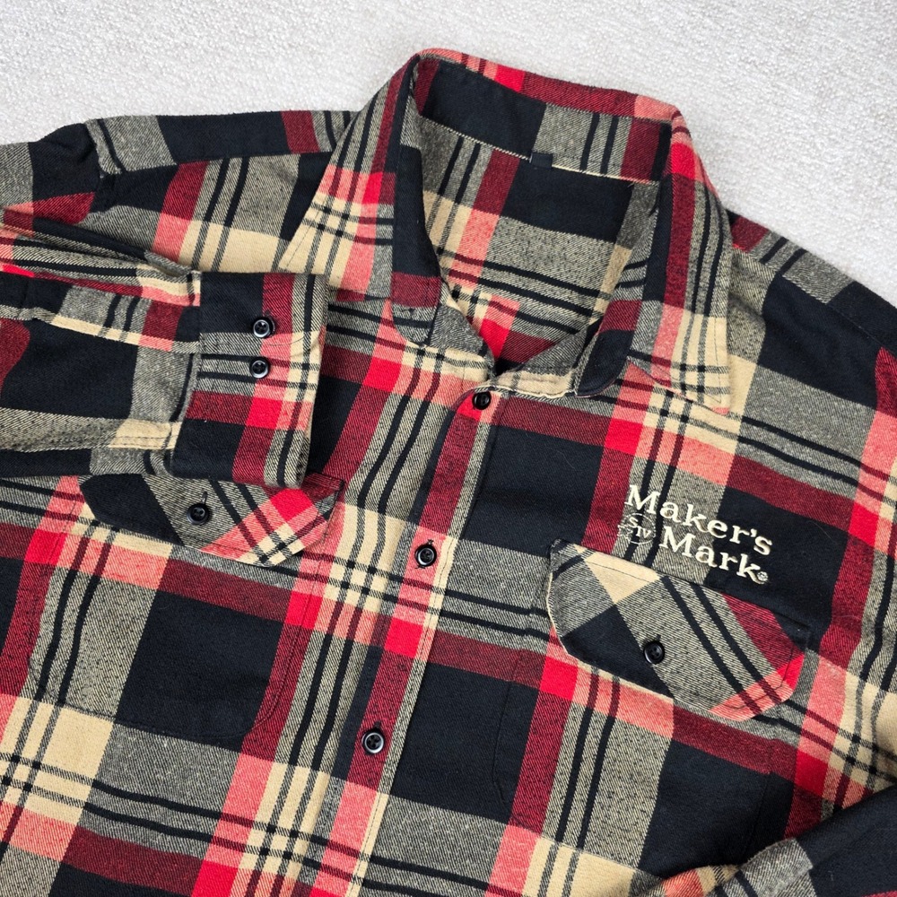 Makers Mark Mens XL Plaid Flannel Shirt Red Black Cotton Long Sleeve Promo Logo